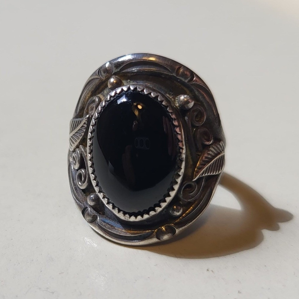 925 Sterling Silver Zuni Black Onyx Ring Size 9 Vintage Native Signed JV